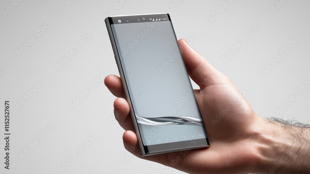 Poster hand holding a modern smartphone with a large screen displaying a minimalist design.