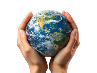 Hands gently holding a detailed miniature globe with continents and oceans visible, symbolizing care, global connection, and planet Earth isolated on transparent background