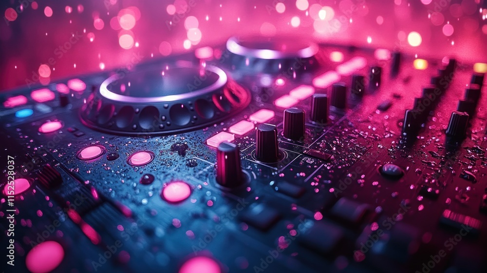 Poster a close-up of a dj mixer with vibrant lights and a sparkling surface, emphasizing music creation.