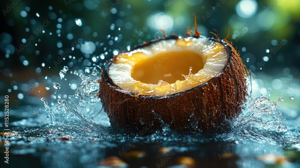 Poster a coconut half splashes into water, creating a refreshing and vibrant scene.