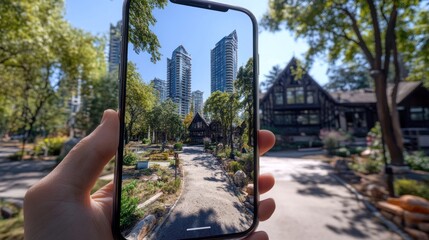 Hand holding phone displaying city park scene with modern and historical buildings.