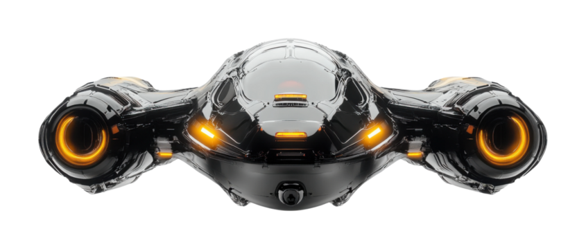 Futuristic black spaceship with glowing orange lights, advanced sci-fi spacecraft design for digital art, technology, and space exploration concepts isolated on transparent background