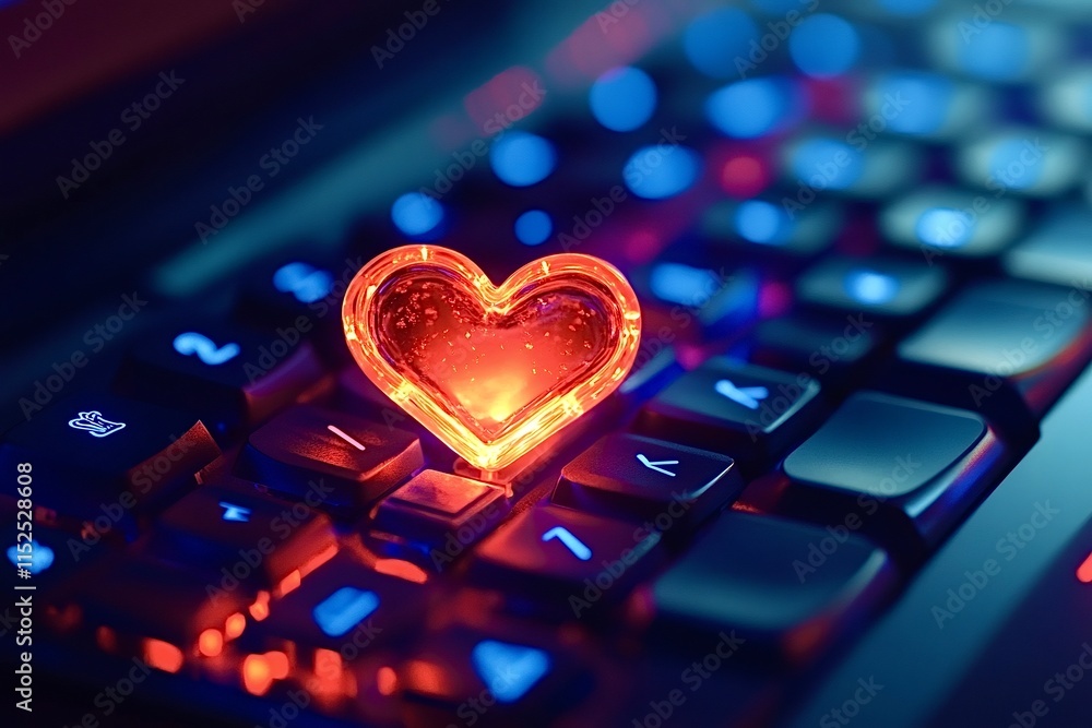 Aufkleber glowing red heart resting on illuminated computer keyboard