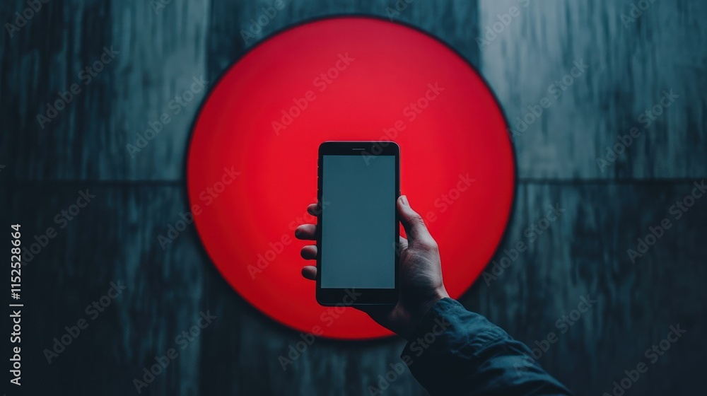 Poster hand holding smartphone with blank screen in front of red circle background.