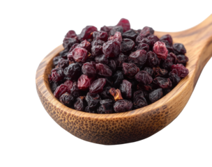 Dried Chinese wolfberries in a wooden spoon isolated on white. Nutritional organic superfood, goji berries antioxidant rich snack isolated on transparent background