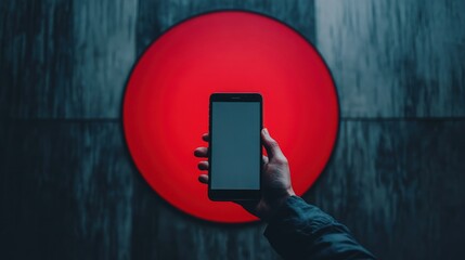 Hand holding smartphone with blank screen in front of red circle background.