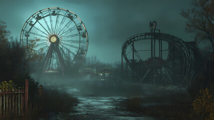 Eerie abandoned amusement park, halloween backdrop, space for text,. Liminality. Illustration