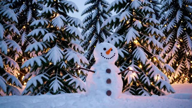 Joyful snowman with glowing string lights wrapped around its arms in a snowy winter forest