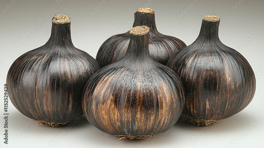 Poster four dark, bulbous objects resembling onions with a smooth, shiny surface.