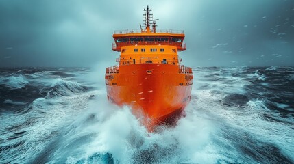 A powerful orange ship navigating through tumultuous ocean waves under a stormy sky.