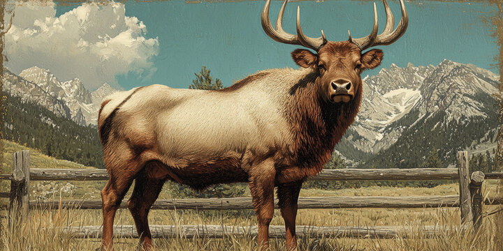 Elk Bull in Mountain Pasture Landscape