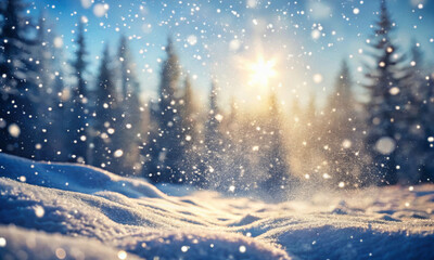 Naklejka premium Falling snow in the sunlight in a snowy spruce forest