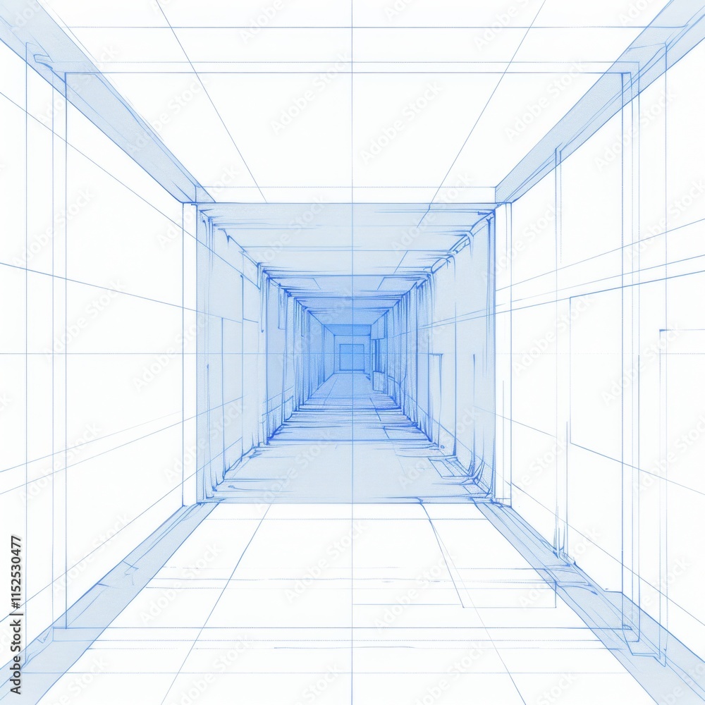 Poster simple line drawing of an open cube interior with grid lines, featuring a white background and blue 