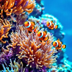 A vibrant coral reef teeming with life, featuring a playful clownfish swimming among the colorful corals, showcasing ocean biodiversity.