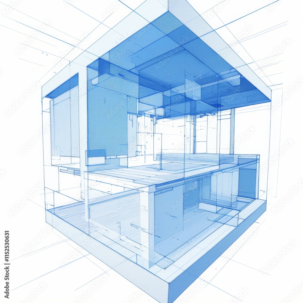 Poster simple line drawing of an open cube interior with grid lines, featuring a white background and blue 