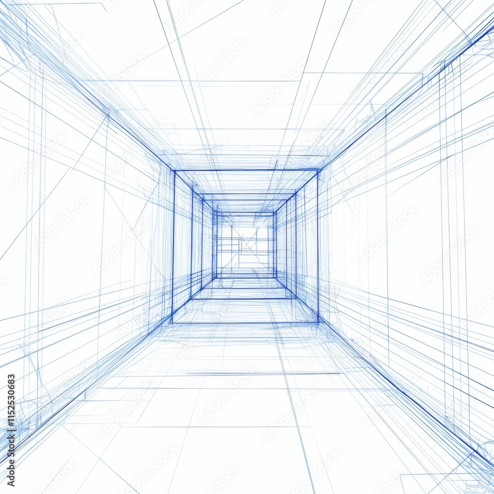 Poster simple line drawing of an open cube interior with grid lines, featuring a white background and blue 