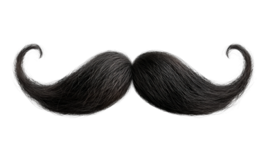 Black handlebar moustache illustration with realistic texture and detailed curved shape, bold facial hair symbol isolated on transparent background