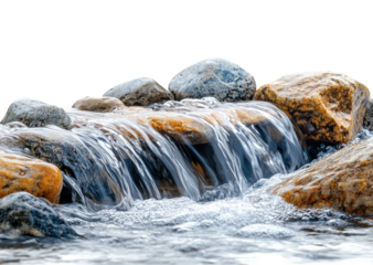 Small waterfall flowing over smooth rocks with clear water, natural stream and serene landscape for nature-inspired concepts isolated on transparent background