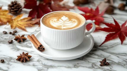 A cozy cup of coffee with latte art surrounded by autumn leaves and spices.