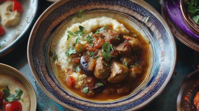 A plate of h&uuml;nkar beğendi (lamb stew with eggplant puree) served in a traditional style 