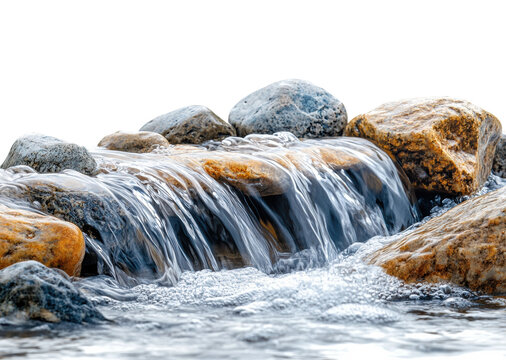 Small waterfall flowing over smooth rocks with clear water, natural stream and serene landscape for nature-inspired concepts isolated on transparent background
