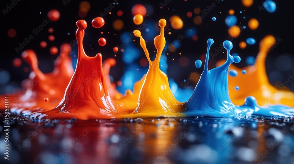 Poster vibrant splashes of paint in orange, blue, and red create a dynamic visual effect.