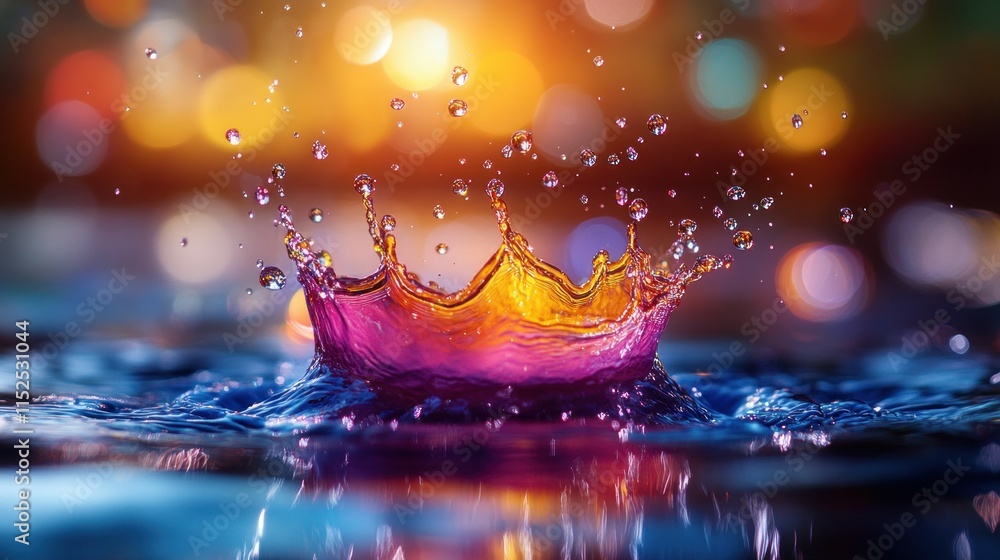 Poster a vibrant splash of water with colorful bokeh in the background.