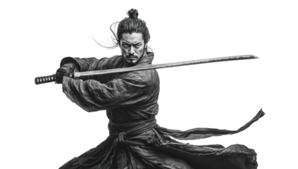 Swordsman in battle stance with katana drawn during a tense moment of combat. Isolated on transparent background, png.