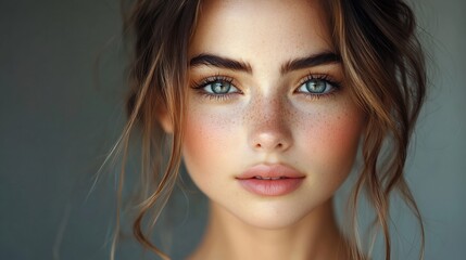 Naklejka premium Portrait of beautiful girl with a stylish hairstyle makeup and soft studio lighting