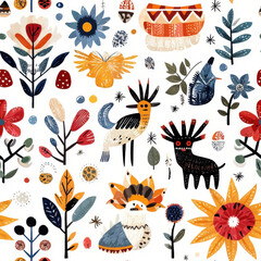 Colorful seamless pattern featuring whimsical animals and flowers, showcasing vibrant designs and playful elements. Perfect for textiles, wallpapers, and creative projects