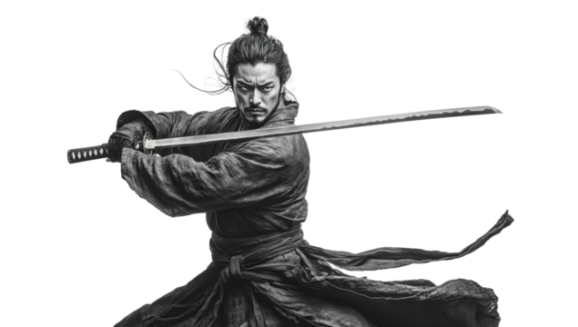 Swordsman in battle stance with katana drawn during a tense moment of combat. Isolated on transparent background, png.