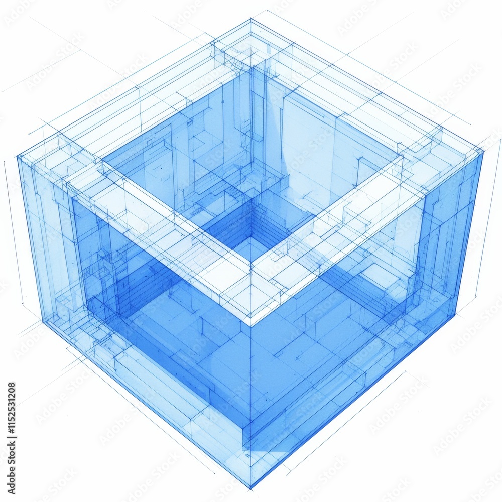 Poster isometric low-poly style square grid with a white cube interior, black-lined outer blue mesh frame, 