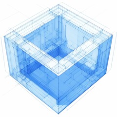 Isometric  low-poly style square grid with a white cube interior, black-lined outer blue mesh frame, and empty center