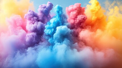 Fototapeta premium A vibrant explosion of colorful smoke clouds against a blue sky.