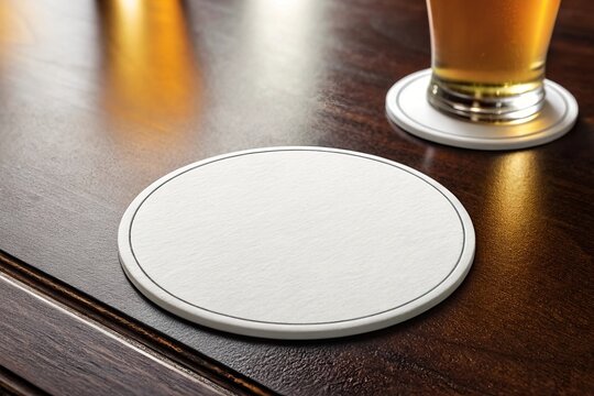 White coaster in a restaurant: Clean and blank, perfect for showcasing a beverage or brand. Ideal for use in pubs, bars, or cafes to enhance dining and drinking experience.