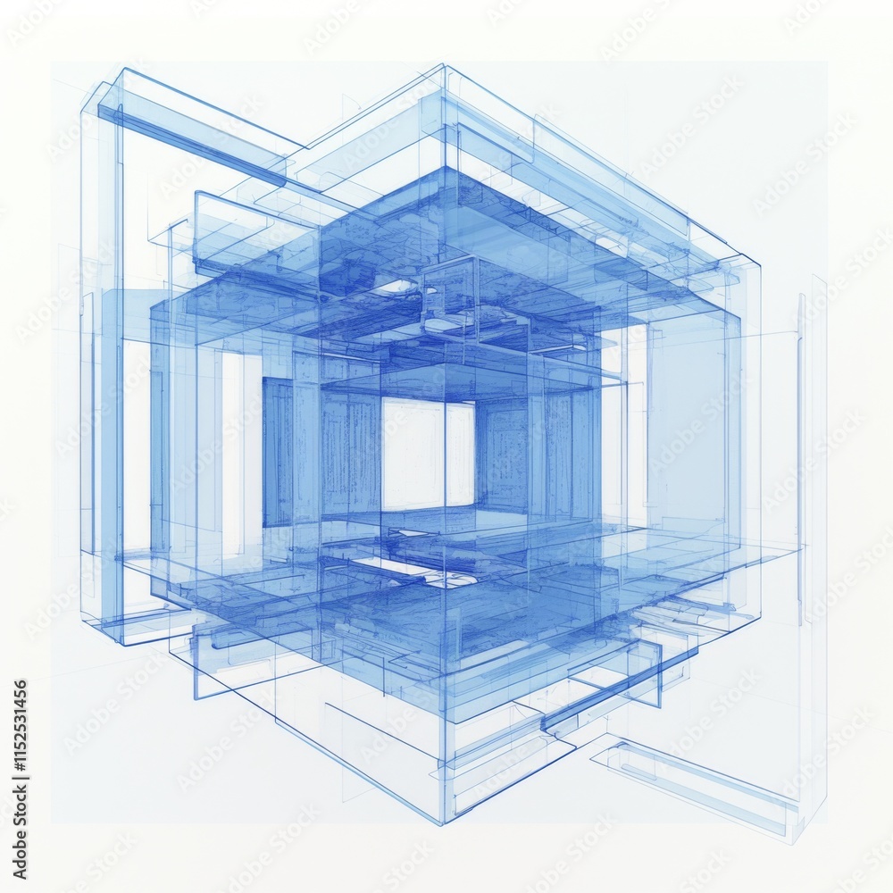 Poster isometric low-poly style square grid with a white cube interior, black-lined outer blue mesh frame, 