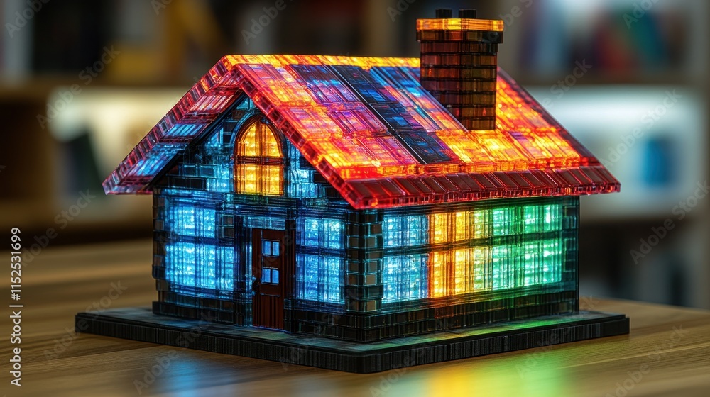 Poster a colorful, illuminated model of a house made from translucent building blocks.