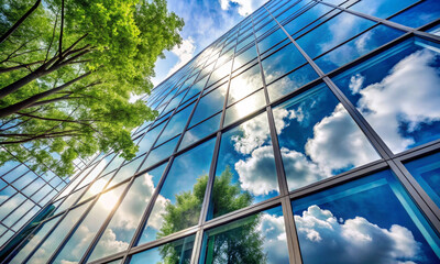 Reflection of clouds on glass office building in eco-friendly environment