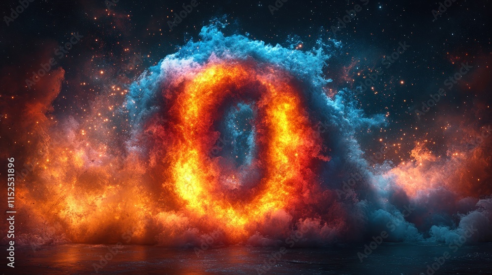 Poster a vibrant display of clouds forming the number zero, illuminated with fiery colors.