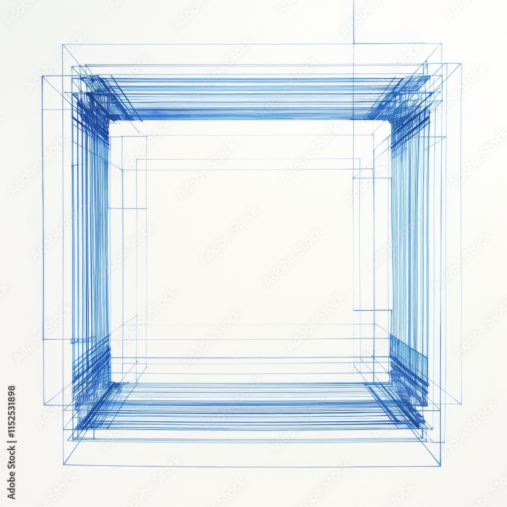 Poster a square grid with four straight lines in the middle, white background, blue line drawing of a cube 