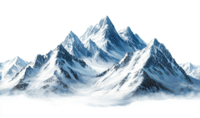 Snowy mountain peaks with misty valleys, winter landscape, majestic alpine scenery, frozen wilderness, cold weather, travel adventure, natural beauty, isolated on transparent background