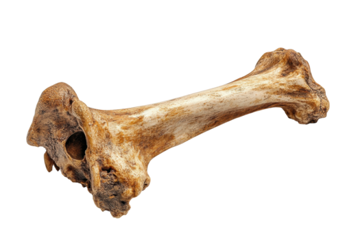 Ancient animal bone fossilized with detailed textures, aged and rugged structure, archaeology, historical artifact isolated on transparent background