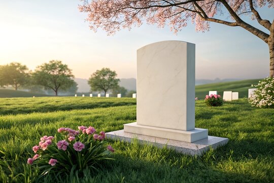 Customizable Gravestone Mockup in Serene Outdoor Setting – Ideal for Memorial Design and Tribute Projects. - Powered by Adobe
