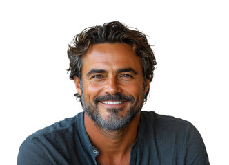 Middle-aged man smiling with gray hair and beard, warm friendly expression, confident personality, casual clothing, mature gentleman portrait isolated on transparent background