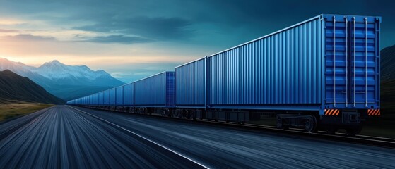 Fototapeta premium Long Train of Blue Freight Containers Traveling Through Scenic Mountain Landscape at Dusk