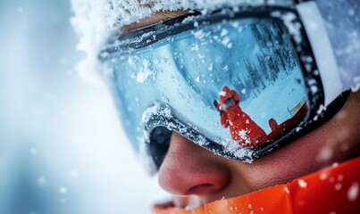 Close-up of snow-covered ski goggles reflecting snowy landscape.