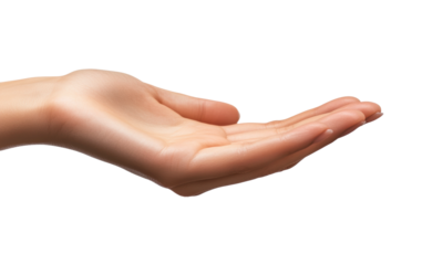 Open palm hand gesture, realistic human hand extended upward, offering or holding pose, skin texture detail, isolated on transparent background