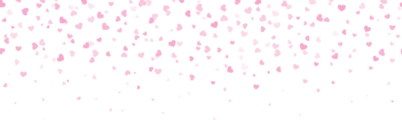 Seamless pink confetti heart border for Valentine’s Day background, banner, card, invitation, packaging, falling heart frame ,cut out, isolated on transparent background, vector illustration.