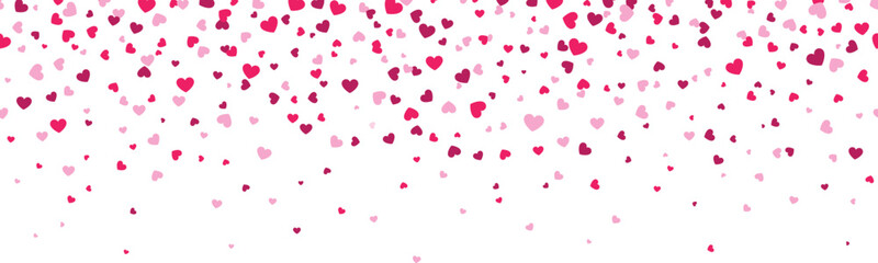 Seamless pink and red confetti heart border for Valentine’s Day background, banner, card, invitation, packaging, falling heart frame ,cut out, isolated on transparent background, vector illustration.