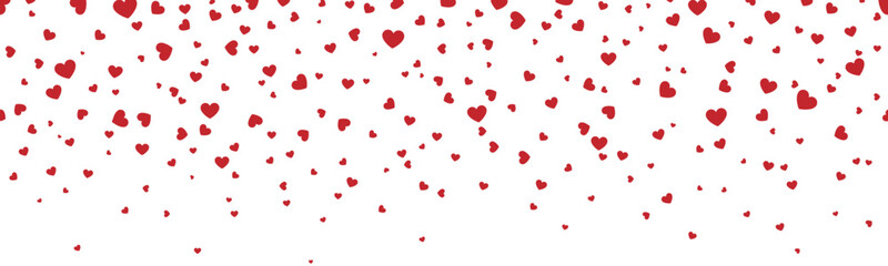 Seamless red confetti heart border for Valentine’s Day background, banner, card, invitation, packaging, falling heart frame ,cut out, isolated on transparent background, vector illustration.